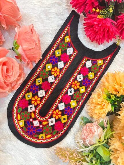 Colorful Floral Mirror Work Neck Patch (U-Shape Design)