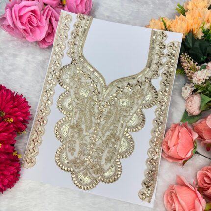 Champagne Gold Bridal Neck Patch with Sequin Embroidery (V-Cut Scallop Design)