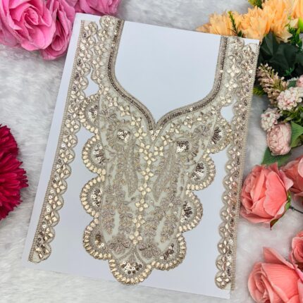 Premium Golden Bridal Neck Patch with Zari & Sequin Embroidery (V-Cut Design)