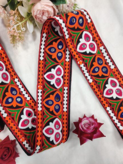 Varniart Traditional Kachi Embroidery Lace with Mirror Work (80 MM Width, 9 Meter)- S 999