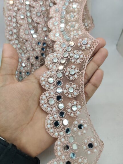 Varniart Amazing Pearl & Mirror Embroidery Lace Border (9 Meter- 76 MM Width)- S 826