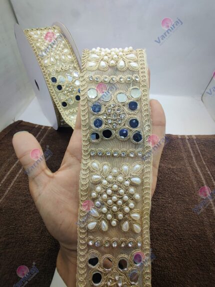 Varniart Amazing Embroidery Pearl & Mirror Work Designer Lace Border (9 Meter- 55 MM Width)- S 907