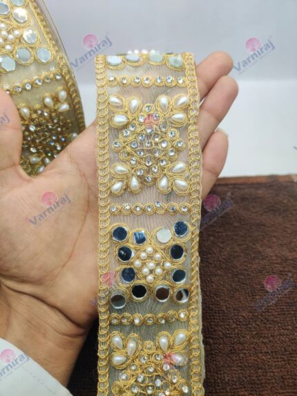 Varniart Amazing Embroidery Pearl & Mirror Work Designer Lace Border (9 Meter- 55 MM Width)- S 908
