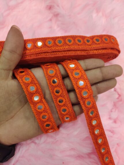 Orange Mirror Work Lace Border (9meter, 20mm width)- E 204