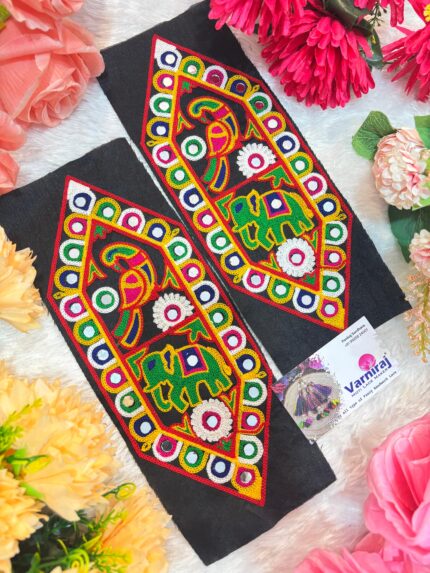 Traditional Elephant & Parrot Embroidery Mirror Patch – Multicolor on Black Base (Pair)