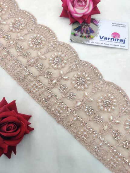 Varniart Amazing Premium Pearl & Stone Embroidered Lace Border (9 Meter- 95 MM Width) S 807
