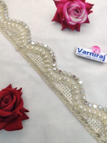 Varniart Amazing Curved Design Pearl Mirror Lace Border (9 Meter- 42 MM Width) S 924
