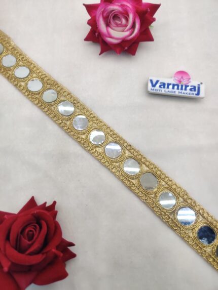Varniart Amazing Golden Mirror Work Embroidered Lace Border (9 Meter- 35 MM Width) S 117