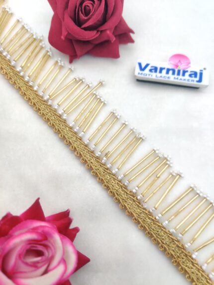 Golden Zari and Bugle Bead Fringe Lace (9meter, 45mm width)- M 1311