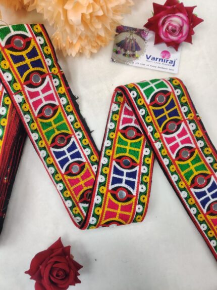 Traditional Kachi/Gamthi Mirror & Moti Handwork Lace Border for Saree, Lehenga, Blouse, Dupatta, & Crafts (70MM Width, 9 Meter)- S 1173