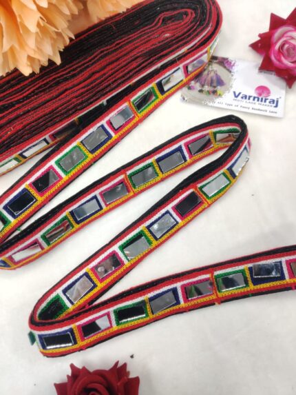 varniart traditional gamthi kachhi miror work lace border use for navratri collection, saree ,suits, dupattas, chaniyacholi, decoration,merrage collection , art and craft , etc…(9 meter, 30mm width)-S 450