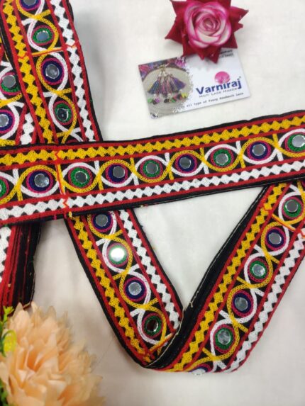 Varniart Amazing Multicolor Floral kachi Mirror Work Lace for Saree, Lehenga, Blouse, Dupatta, & Crafts (55MM Width, 9 Meter)- S 1178