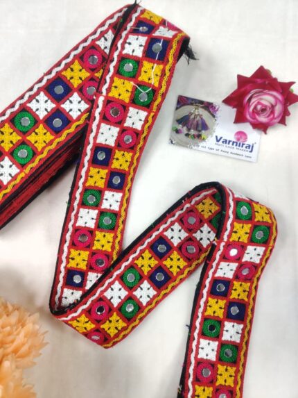 Traditional Kachi/Gamthi Mirror & Moti Handwork Lace Border for Saree, Lehenga, Blouse, Dupatta, & Crafts (60MM Width, 9 Meter)- S 1180