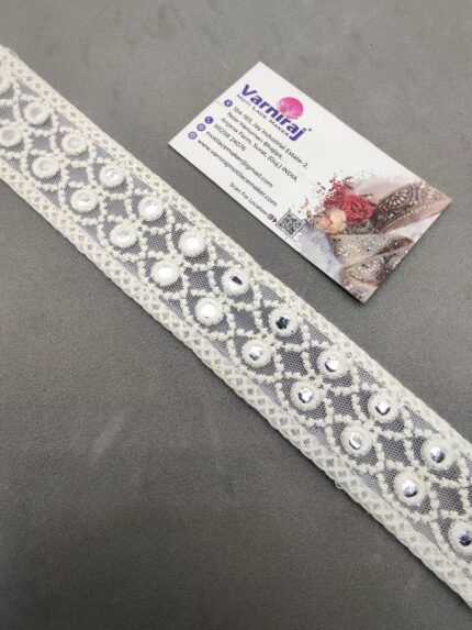 Varniart Cotton Mirror Work Lace Border for Saree, Dress, Dupatta & Blouse Decoration – 9 Meter Roll (White, Premium Quality) | E 1121