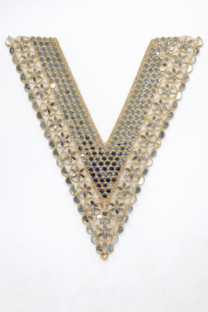 Designer Mirror Work V Neck Patch | Shisha Embroidered Kurti & Blouse Neck Appliqué | Ethnic Handwork Patch | E 1254