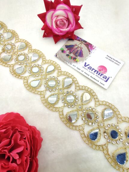 Mirror Work Lace Border with Stone Embellishment Perfect use for Blouse Neckline, Lehenga, Dupatta Border Decoration (9 Meter- 55 MM Width) S 1196