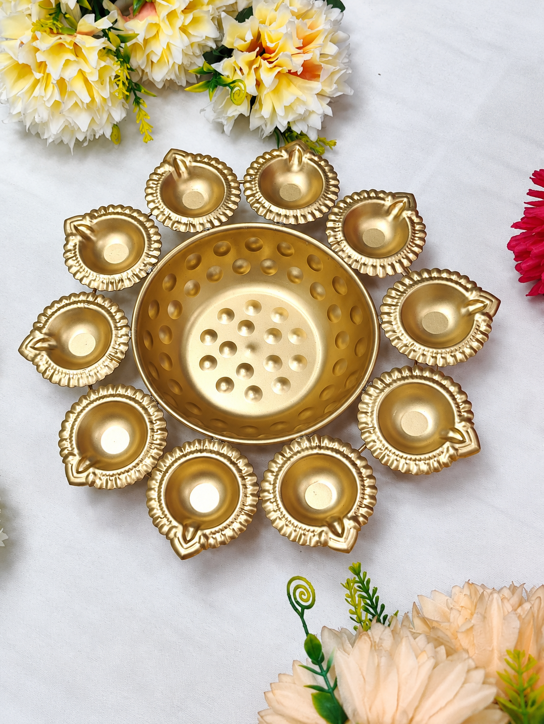 Golden Floral Diya Arrangement
