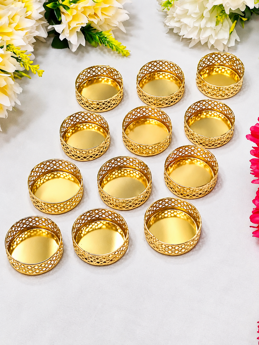 Golden Lattice Holders with Floral Accents